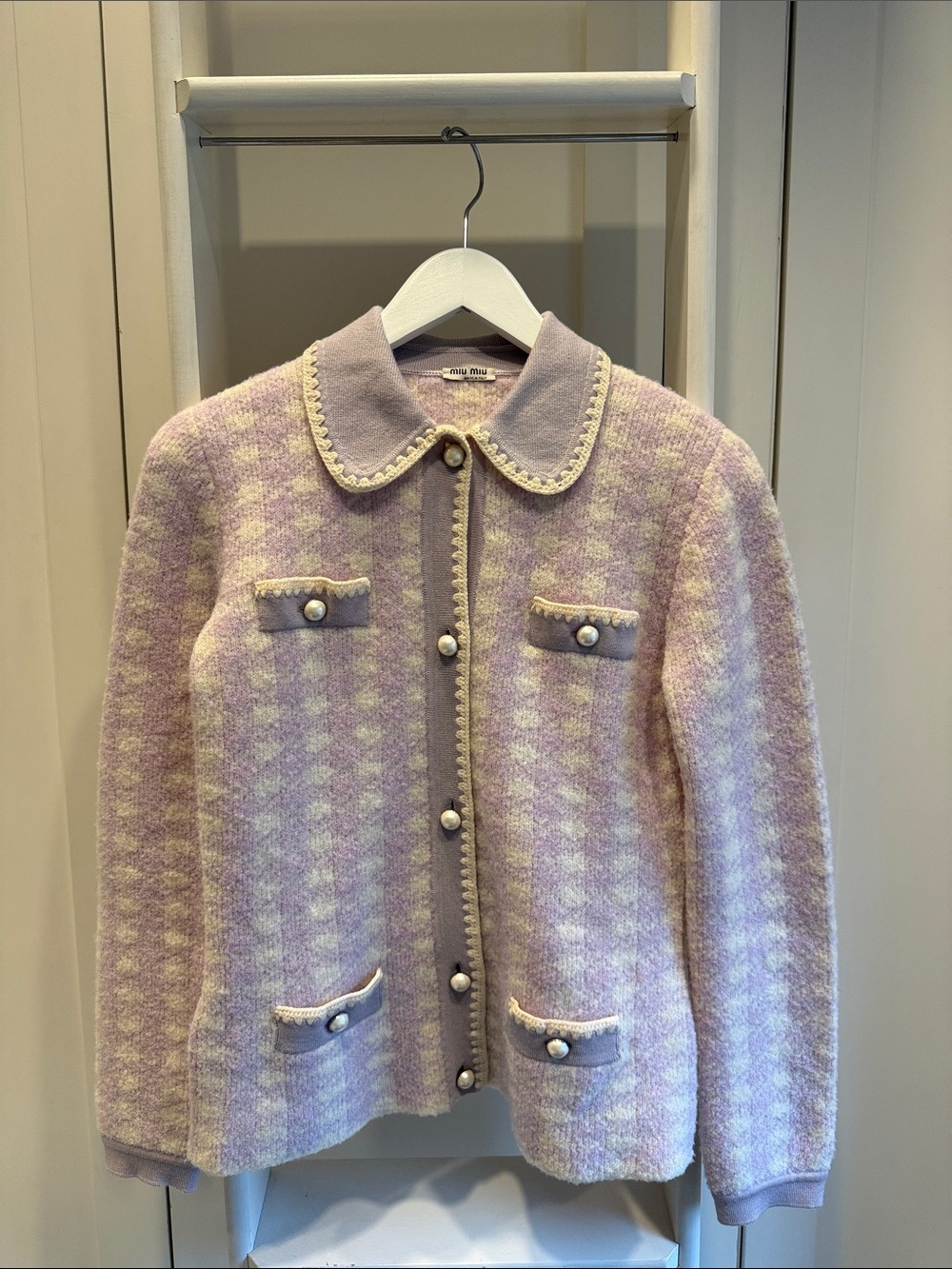 Miu Miu Houndstooth Wool Blend Cardigan Pearl Buttons Size 40
